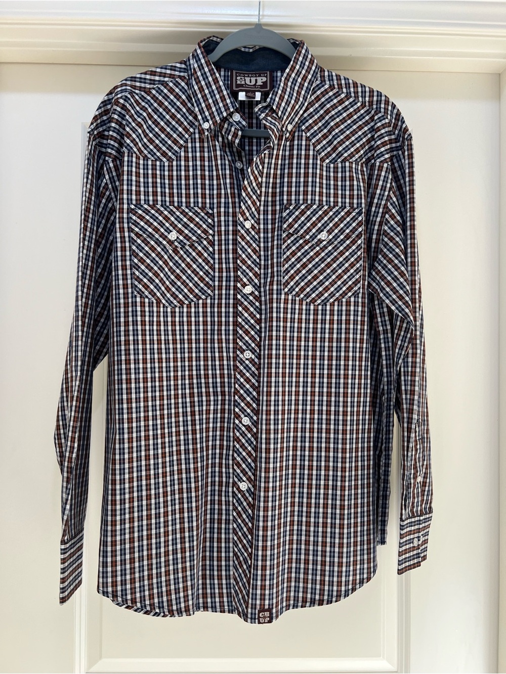 Men's Blue and Brown Plaid Button-Down Shirt